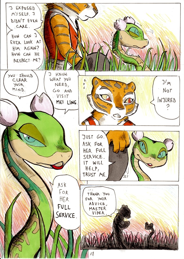 anthro better_late_than_never blush comic daigaijin embarrassed english_text feline female fur furry kung_fu_panda male master_tigress master_viper page_18 sage_advice snake tail tiger