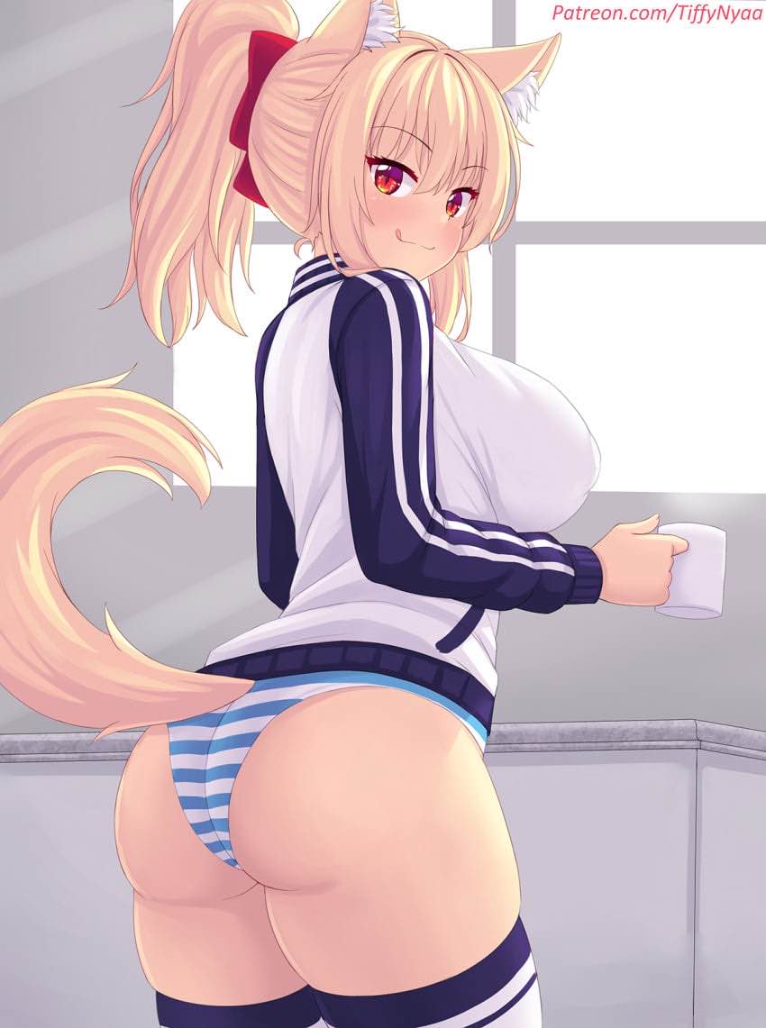 :3 animal_ears ass big_ass cat_ears cat_tail catgirl cup looking_at_viewer looking_back panties thick_thighs thighs tiffy tiffynyaa