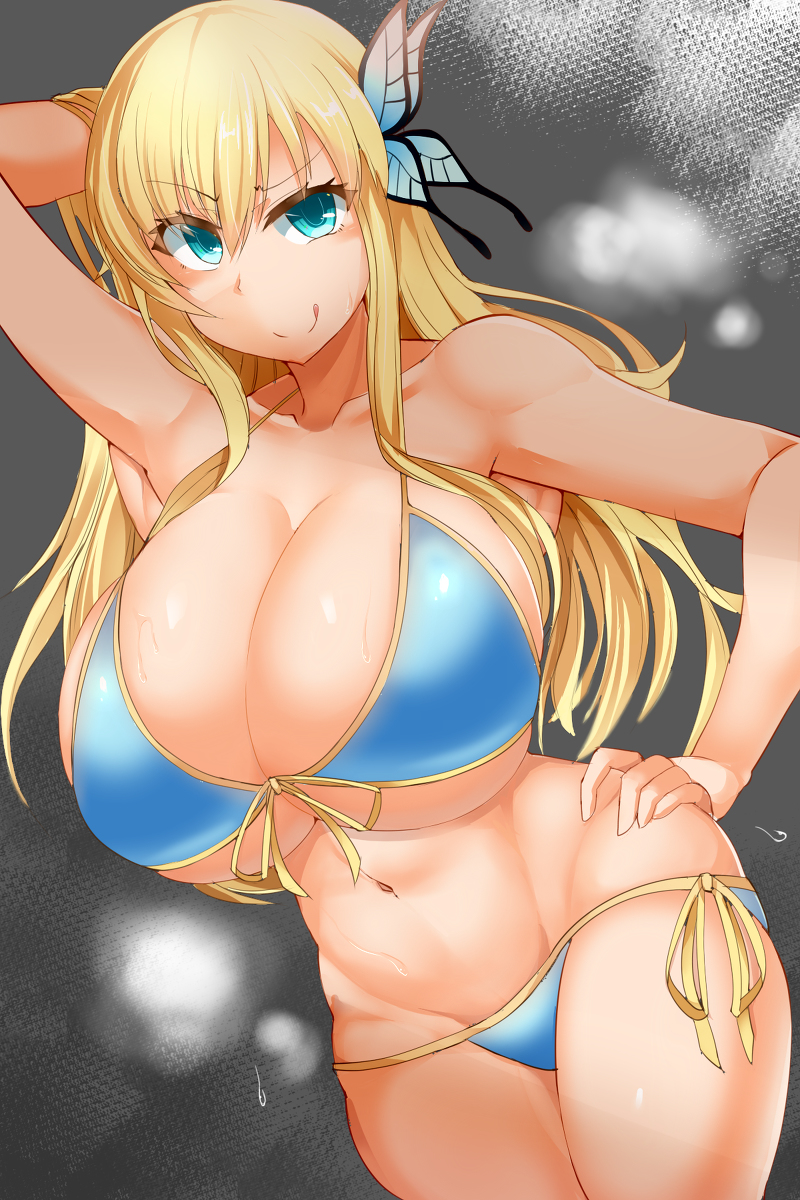 1girls alternate_breast_size bare_shoulders bikini blonde_hair blue_bikini blue_eyes boku_wa_tomodachi_ga_sukunai breasts butterfly_hair_ornament eyebrows_visible_through_hair facominn huge_breasts human large_breasts sena_kashiwazaki solo