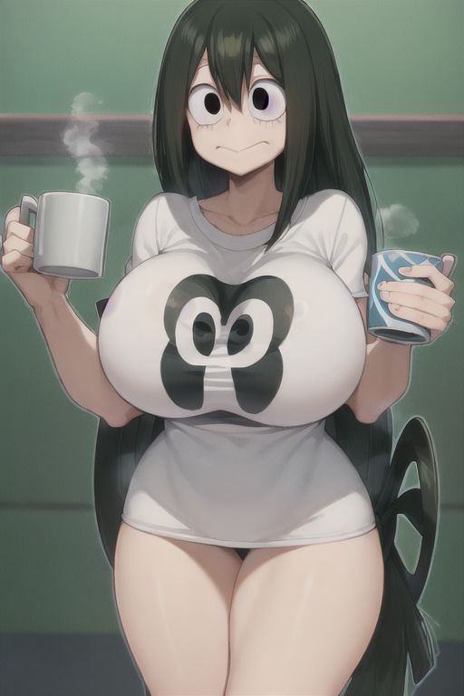 ai generated, breasts, coffee, coffee mug, female, hips, huge breasts, mug, my hero academia, no pants, oversized shirt, small waist, t-shirt, tsuyu asui, waist