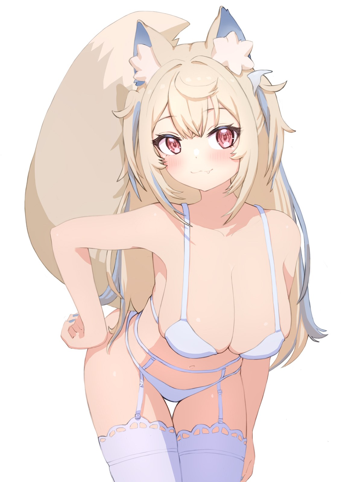 :3, bent over, blue nails, blush, bra, breasts, cute, cute fang, fangs, female, fuwamoco, fuwawa abyssgard, garter belt, garter straps, hand on hip, hololive, hololive english, hololive english -advent-, huge breasts, nail polish, painted nails, panties, underwear, virtual youtuber