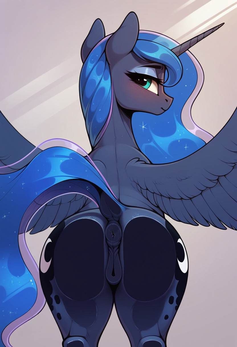 ai generated, alicorn, animal genitalia, animal pussy, anus, ass, blue body, blue eyes, blue fur, blue hair, cutie mark, dock, equid, equine, equine anus, equine pussy, female, friendship is magic, fur, furry, furry only, hasbro, horse, my little pony, pony, ponystalker, princess luna (mlp), puffy anus, pussy, quadruped, tail