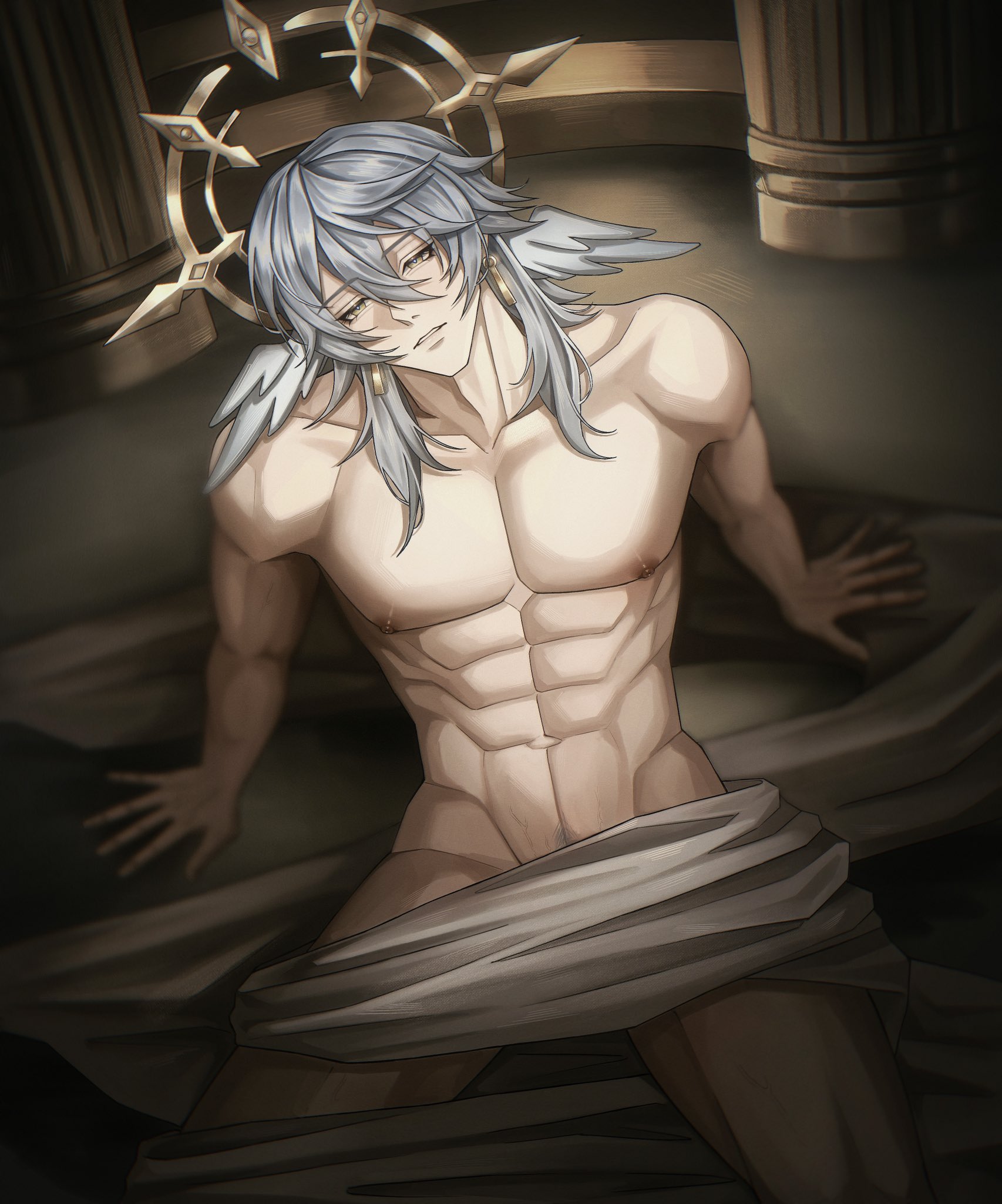 1boy, abs, blue hair, covering crotch, curtains, eight pack, gay, gold earrings, gold jewelry, halo, head wings, hi res, high resolution, highres, honkai: star rail, male, male only, miiririu, muscles, muscular, muscular male, naked, naked male, nipples, no visible genitalia, nude, nude male, on floor, on ground, on knees, pecs, pectorals, pillar, pubes, pubic hair, sitting on floor, sunday (honkai: star rail), vein, veins, veiny, wings, yaoi, yellow eyes