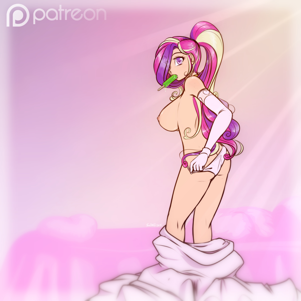 1girls, 2015, ass, breasts, elbow gloves, female, female only, food, friendship is magic, gloves, hair over one eye, hasbro, human, human only, humanized, large breasts, light skin, light-skinned female, long hair, looking at viewer, mostly nude, multicolored hair, my little pony, nipples, panties, patreon logo, ponytail, popsicle, princess cadance (mlp), purple eyes, scorpdk, shiny, shiny hair, shiny skin, sideboob, solo, standing, thighs, topless, undressing, very long hair