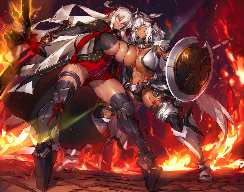 2girls abs animal_ears armor bikini_armor blue_hair caenis_(fate) dark-skinned_female dark_skin fate/grand_order fate_(series) fire hair_ribbon high_heels huge_breasts large_breasts long_hair looking_at_viewer melon22 multiple_girls muscular_female muscular_thighs naughty_face okita_souji_(alter)_(fate) seductive seductive_smile shield smile sword thick_thighs thighhighs thighs white_hair yellow_eyes