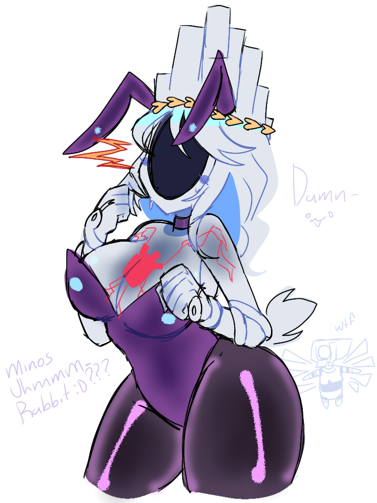 big_breasts big_thighs breasts bunny_costume bunny_ears bunny_tail bunnysuit faceless_female female heart minos_prime_(ultrakill) nervous prime_soul purple_suit rule_63 text thecykox29! thick_ass thick_thighs ultrakill v1_(ultrakill) white_background white_hair