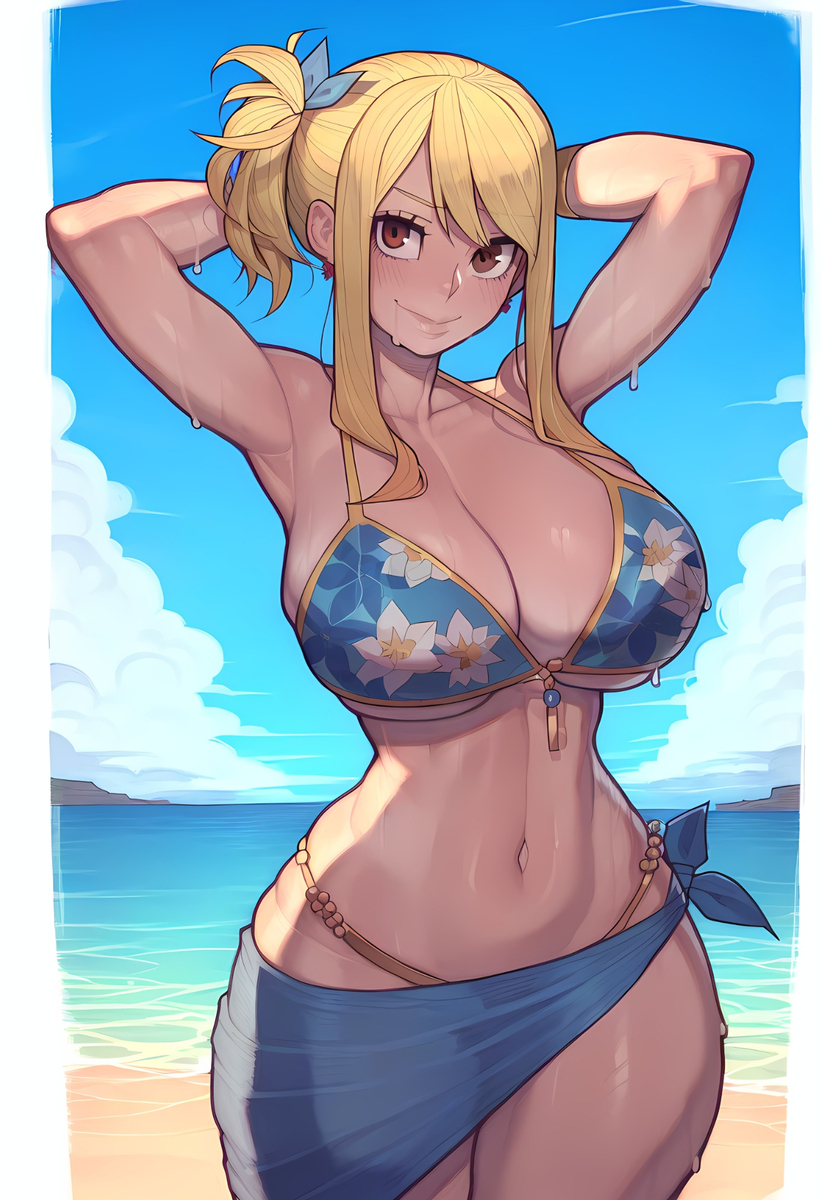 ai_generated asura_(ai_style) big_ass big_breasts big_butt big_thighs bikini bimbo bimbo_body breasts brown_eyes cleavage fairy_tail female female_focus female_only huge_ass huge_breasts huge_butt huge_thighs lucy_heartfilia standing sweat thick_thighs thighs thong_above_skirt wanuze white_skin yellow_hair