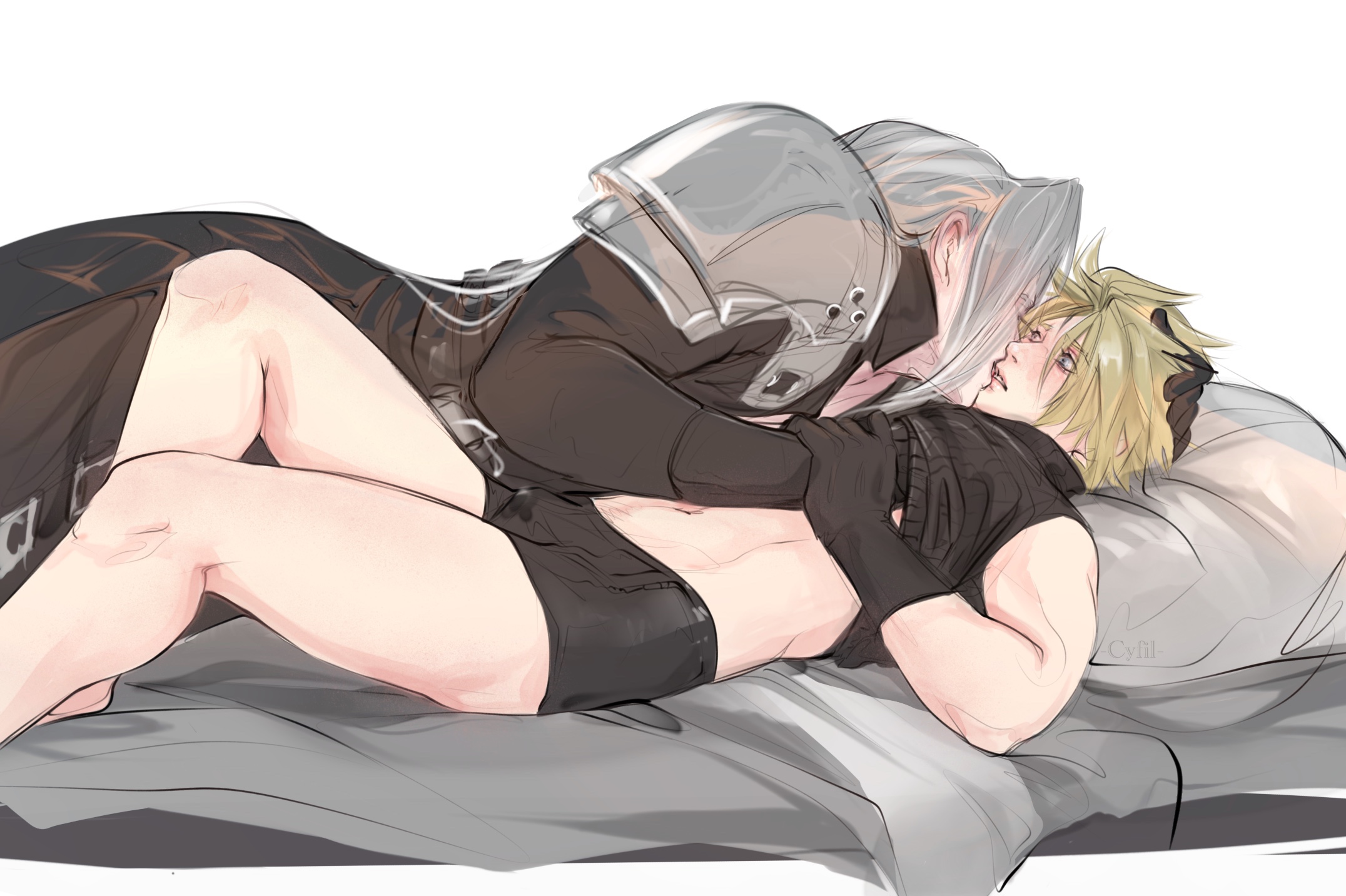2boys, age difference, blonde hair, blonde-haired male, boxers, bulge, bulge through clothing, cloud strife, cyfil7, final fantasy, final fantasy vii, flustered, flustered male, fully clothed, gay, green eyes, grey hair, groping, light skin, light-skinned male, male, male only, precum through clothing, precum through underwear, sephiroth, shocked, silver hair, size difference, spiked hair, stained underwear, twink, underwear, yaoi