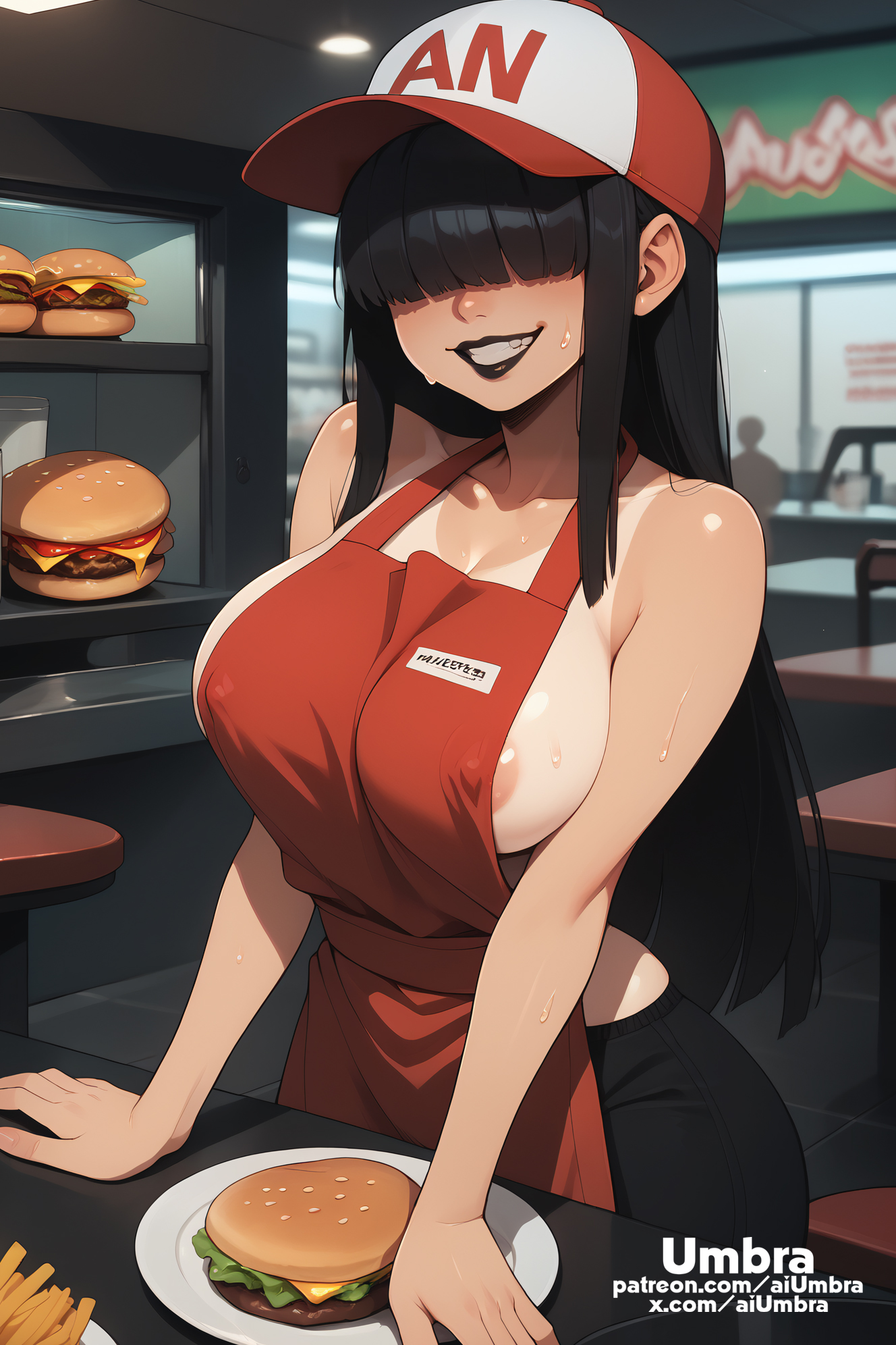1girls, ai generated, aiumbra, areola slip, ass, big ass, black hair, breasts, burger, covered eyes, employee uniform, female, food, goth, goth girl, high resolution, highres, hime cut, huge ass, large breasts, self upload, sideboob, stable diffusion, zanna (aiumbra)