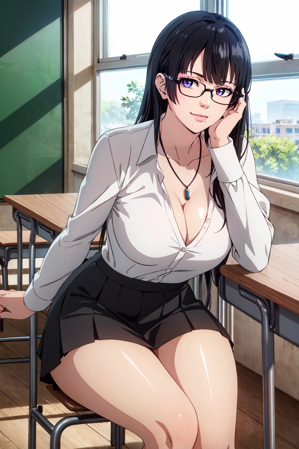 1girls ai_generated ailya86 black_hair black_skirt breasts cleavage dead_or_alive dress_shirt elbow_rest female glasses hand_on_cheek hand_on_face large_breasts lips lipstick long_hair long_sleeves looking_at_viewer makeup mole necklace nyotengu pendant purple_eyes school seductive seductive_eyes seductive_look seductive_mouth seductive_pose seductive_smile sitting sitting_on_chair skirt solo solo_female solo_focus teacher teacher_outfit white_dress_shirt