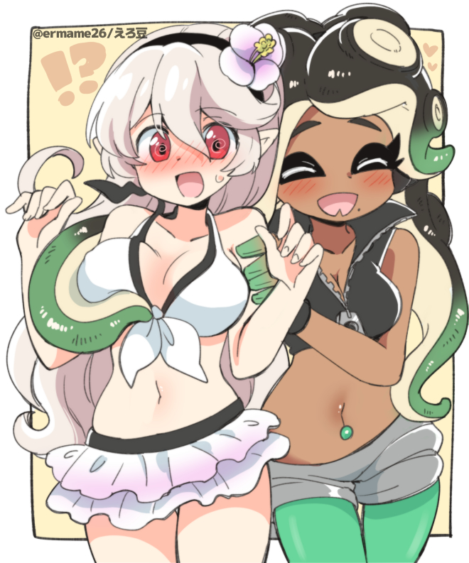 2girls @_@ alternate_costume bikini bikini_skirt blush breast_grab breasts cleavage company_connection corrin_(female)_(fire_emblem) corrin_(female)_(summer)_(fire_emblem) corrin_(fire_emblem) covered_nipples crossover cute_fang dark-skinned_female dark_skin eromame female female_only fire_emblem fire_emblem_fates fire_emblem_heroes flower grabbing grabbing_another's_breast groping hair_flower hair_ornament hat headband large_breasts long_hair marina_(splatoon) medium_breasts mole mole_under_mouth multiple_girls navel nintendo official_alternate_costume piercing pointy_ears skin_fang splatoon splatoon_(series) splatoon_2 sweat swimsuit tentacle tentacle_grab tentacle_hair white_bikini yuri