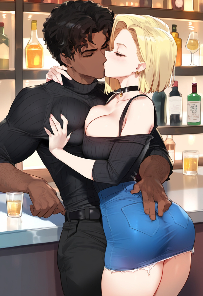 1boy 1girls ai_generated android_18 ass big_ass big_breasts big_butt blonde_hair blue_eyes color dark-skinned_male dark_skin dragon_ball dragon_ball_z female hi_res interracial kissing laino_airt large_breasts light-skinned_female light_skin male male/female muscles muscular muscular_male netorare ntr short_hair tagme thick_thighs