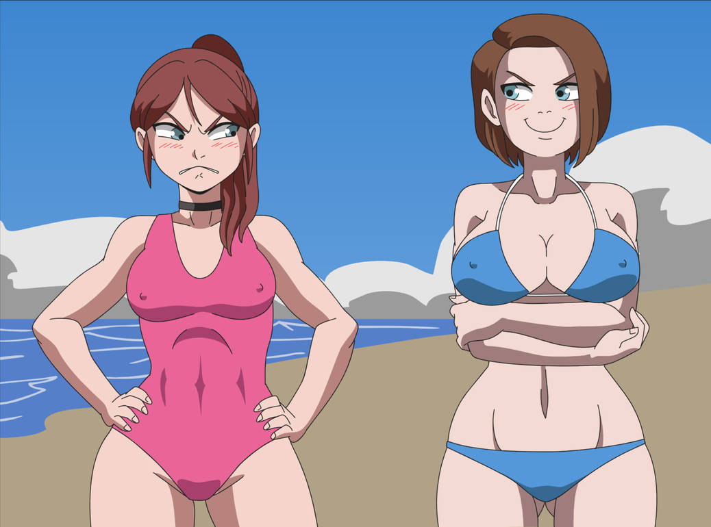 2girls big_breasts bikini bikini_bottom bikini_top blue_eyes breast_envy breasts brown_hair claire_redfield hinca-p jill_valentine multiple_girls panties resident_evil