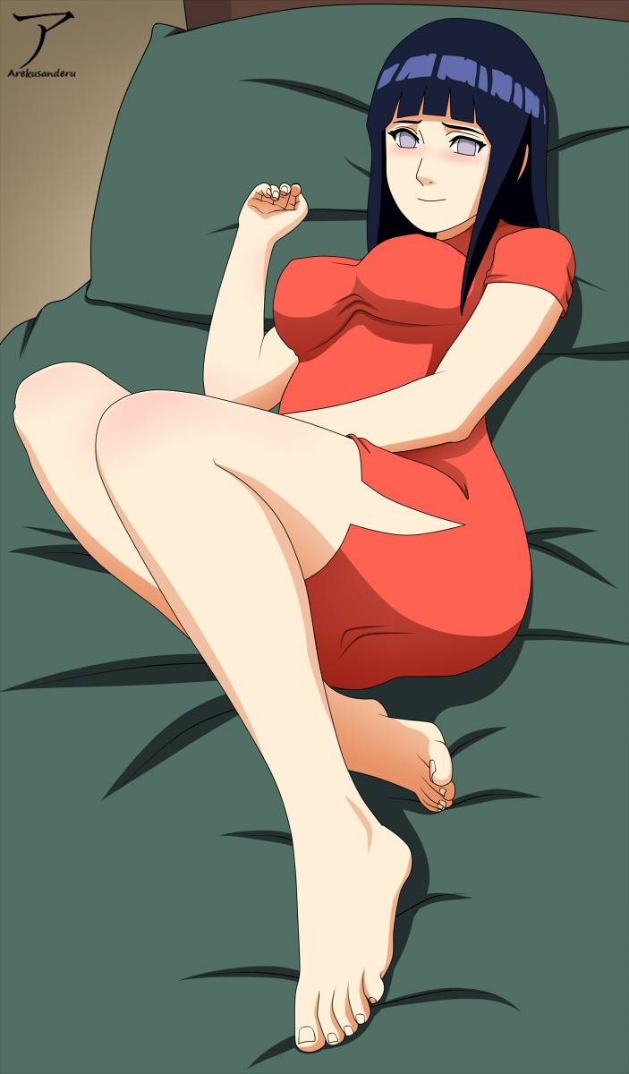 1girls, arekusanderu, bed, breasts, feet, female, female only, fully clothed, hyuuga hinata, naruto, naruto (series), naruto shippuden, solo, toes