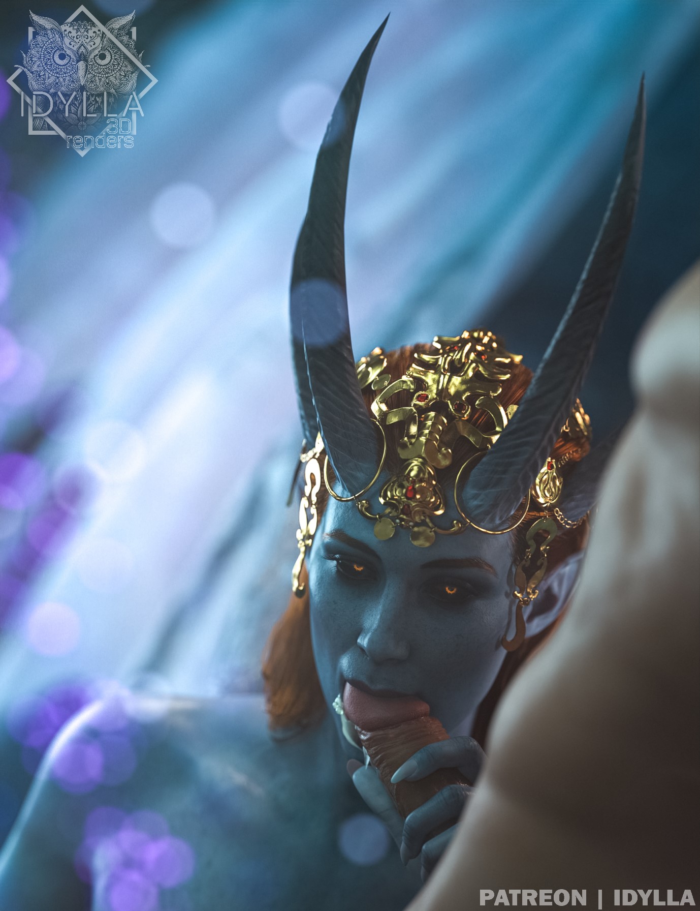 1boy, 1girls, 3d, baldur's gate, baldur's gate 3, blowjob, blue skin, devil, dungeons and dragons, fellatio, female, forgotten realms, glowing eyes, gold jewelry, horns, idylla, looking at viewer, male, mizora