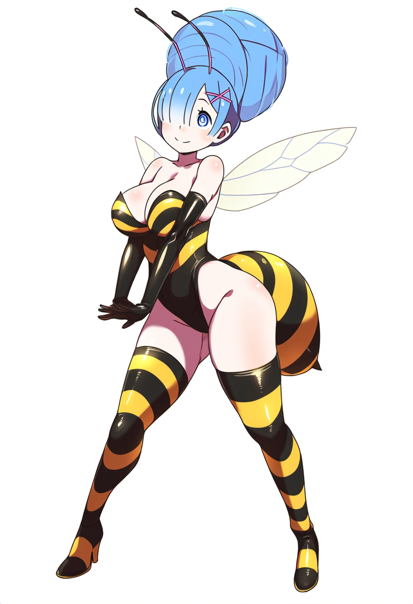 1girls ai_generated bee bee_girl body_modification cleavage female female_only high_heel_boots high_heels huge_ass huge_breasts implied_transformation insect_abdomen insect_girl insect_wings insects leotard post_transformation re:zero_kara_hajimeru_isekai_seikatsu rem_(re:zero) simple_background thick_thighs thigh_boots transformation white_background wide_hips