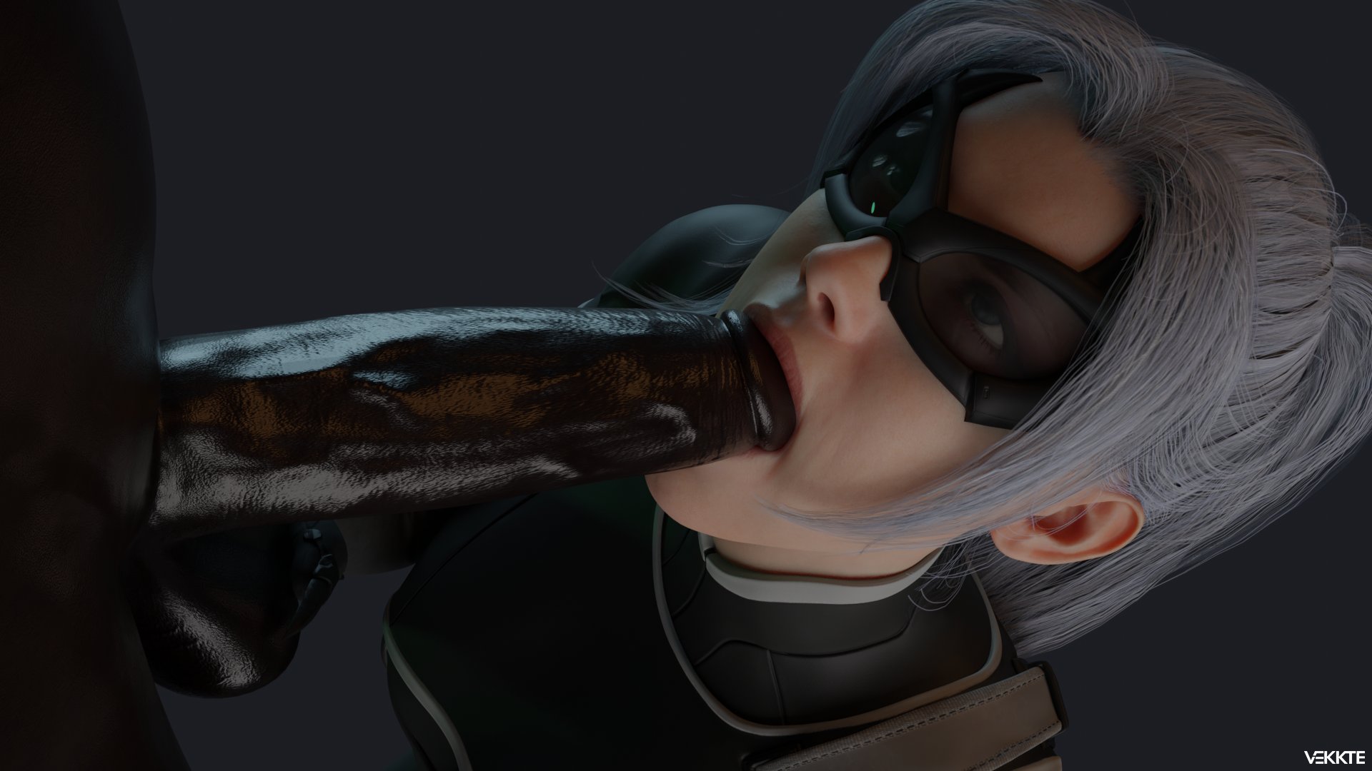 1boy, 1girls, 3d, big penis, black cat (insomniac), black cat (marvel), completely naked, completely nude, dark skin, dark-skinned male, felicia hardy, fellatio, female, interracial, male, marvel, marvel comics, nude, nude male, penis, spider-man (ps4), spider-man (series), vekkte, white hair