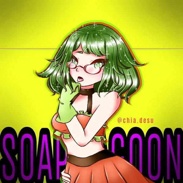 1girls artist_name chiadesu cleavage deviantart_link deviantart_username female glasses gloves green_eyes green_gloves green_hair gumi masa_works_design mv_character no_teeth orange_skirt orange_topwear red_glasses shiny_hair short_gloves simple_background skirt soap_lagoon_(vocaloid) solo song_name suggestive tongue tongue_out topwear vocaloid yellow_background