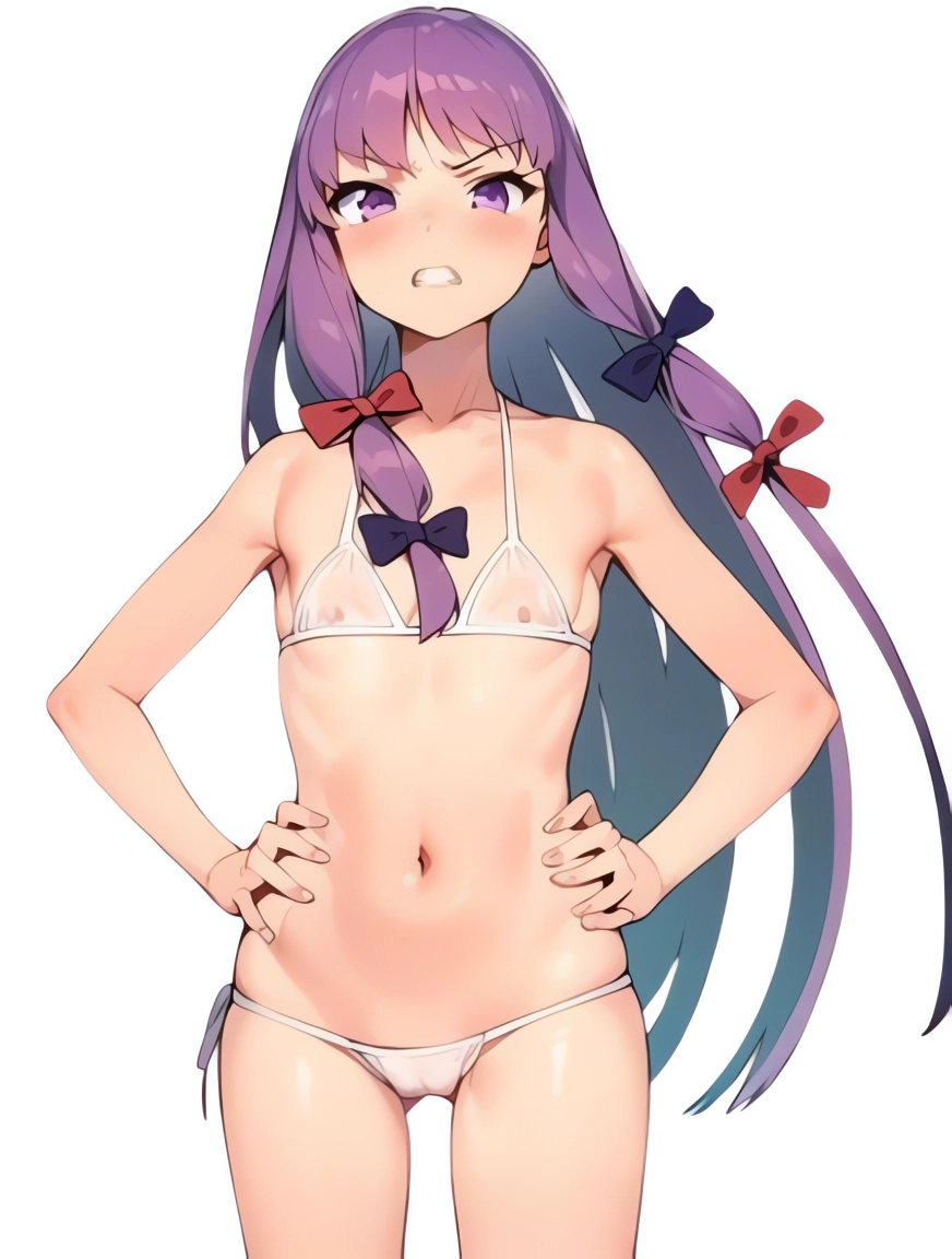 ai_generated angry blush cookie_(touhou) female flat_chest micro_bikini midriff nucky☆ patchouli_knowledge purple_eyes purple_hair see-through small_breasts taisa_(cookie) teenager touhou young younger_female