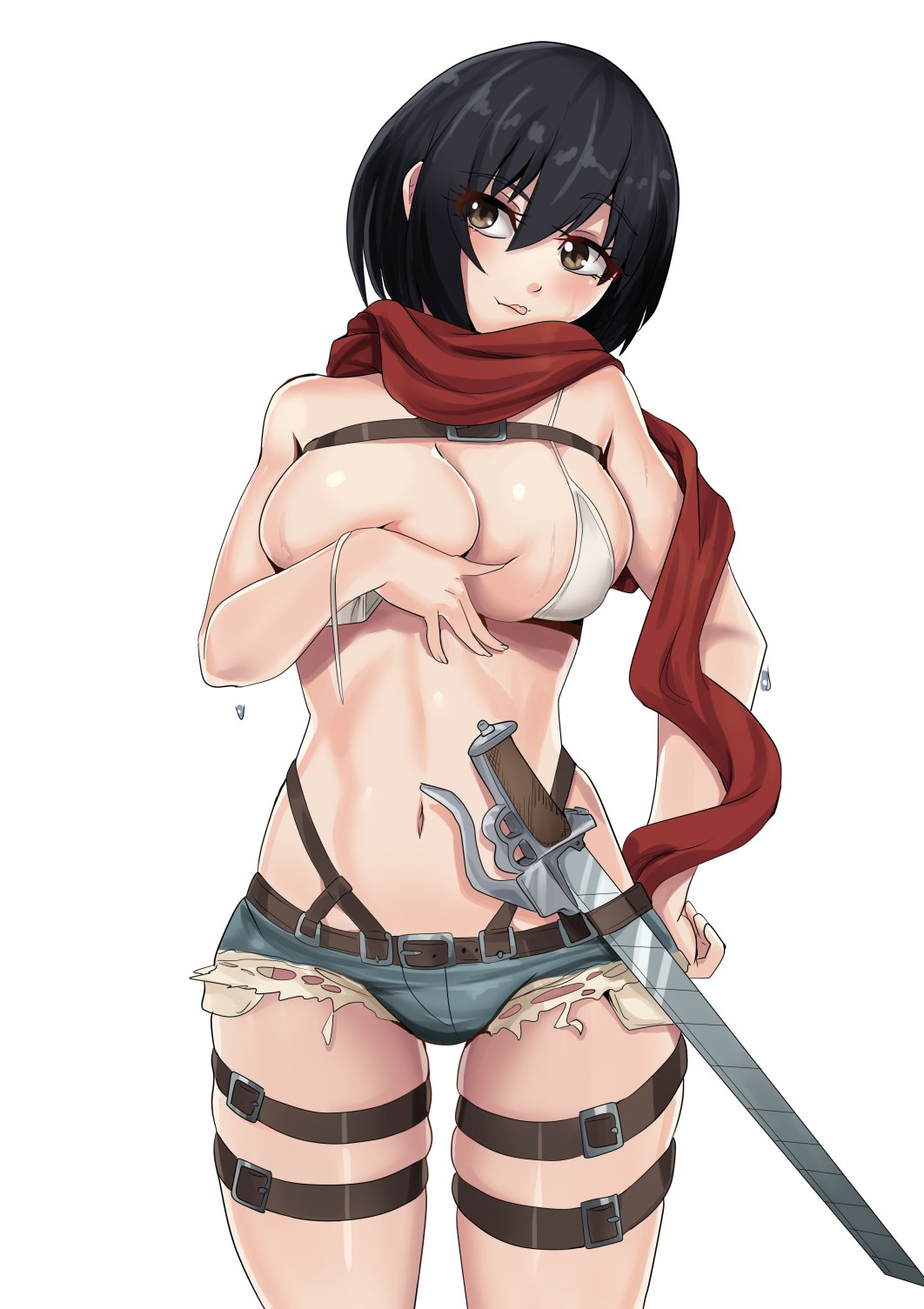 1girls, attack on titan, big breasts, black hair, black-haired female, breasts, brown eyes, female, female only, human, human only, large breasts, mikasa ackerman, nico-mo, nipples, scarf, shingeki no kyojin, short hair, solo, solo female, solo focus, uncensored, white background