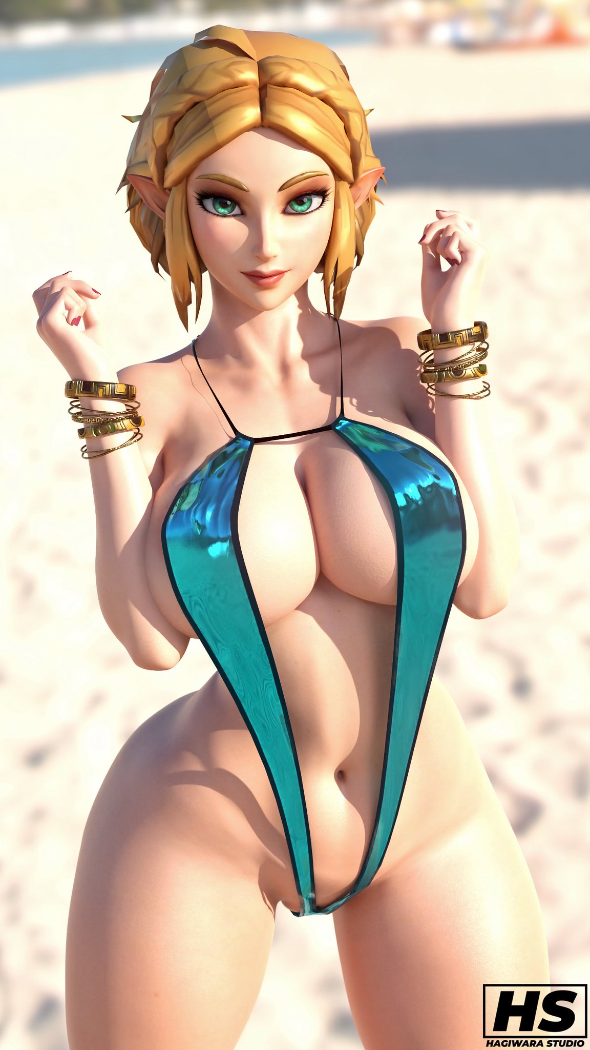 1girls, 2024, 3d, artist logo, artist signature, ass, bare legs, bare shoulders, bare thighs, beach, beach episode, belly, belly button, big ass, big breasts, big butt, bikini, blonde hair, bracelet, bracelets, braided hair, breasts, cleavage, color, colored, curvaceous, curvy, curvy female, curvy figure, fantasy, female, female focus, female only, full color, gold jewelry, green eyes, hagiwara studio, hair, hips, huge ass, huge breasts, huge butt, hylian, hylian ears, jewelry, large ass, large breasts, large butt, light skin, light-skinned female, looking at viewer, nail polish, nails, nintendo, pointy ears, pose, posing, princess zelda, red nail polish, red nails, seductive, seductive pose, short hair, sling bikini, smile, smiling, smiling at viewer, solo, solo female, solo focus, stomach, tears of the kingdom, the legend of zelda, the legend of zelda: tears of the kingdom, thick thighs, thighs, video game, video game character, video game franchise, video games, voluptuous, voluptuous female, zelda (tears of the kingdom)