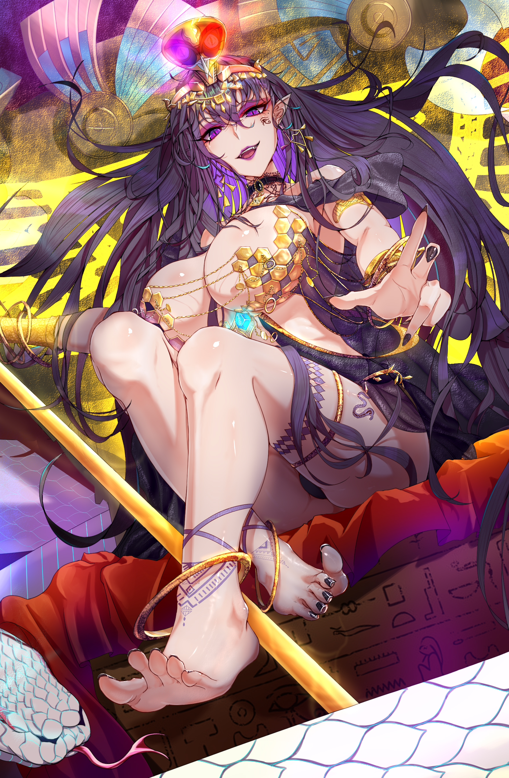 anklet, artist request, bare legs, barefoot, big breasts, breasts, choker, domination, dominatrix, feet, female, goddess, gold, jewelry, legs, lipstick, long hair, looking at viewer, looking down, purple eyes, purple hair, purple nails, purple toenails, snake, soles, thighs, toenail polish, toenails, toes