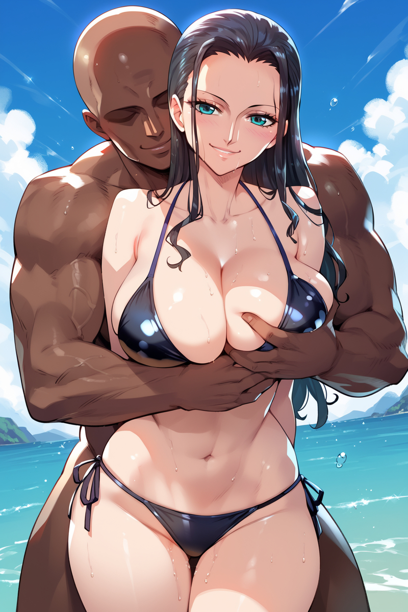 1boy, 1girls, abs, ai generated, bare arms, bare legs, bare shoulders, bare thighs, beach, big breasts, bikini, bikini bottom, bikini top, black hair, blue eyes, blush, breasts, color, dark skin, dark-skinned male, female, fit, fit female, grabbing breasts, hanagori, hand on breast, hi res, interracial, large breasts, light skin, light-skinned female, long hair, looking at viewer, male, male/female, muscles, muscular, muscular female, muscular male, netorare, nico robin, ntr, one piece, sand, sea, shounen jump, tagme, thick thighs, water