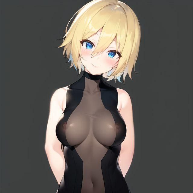 1girls ai_generated arms_behind_back black_clothing blue_eyes chris day_when_world_become_free female female_only latex_suit light_hair looking_at_viewer nipples nipples_visible_through_clothing short_hair smiling smiling_at_viewer solo visible_nipples