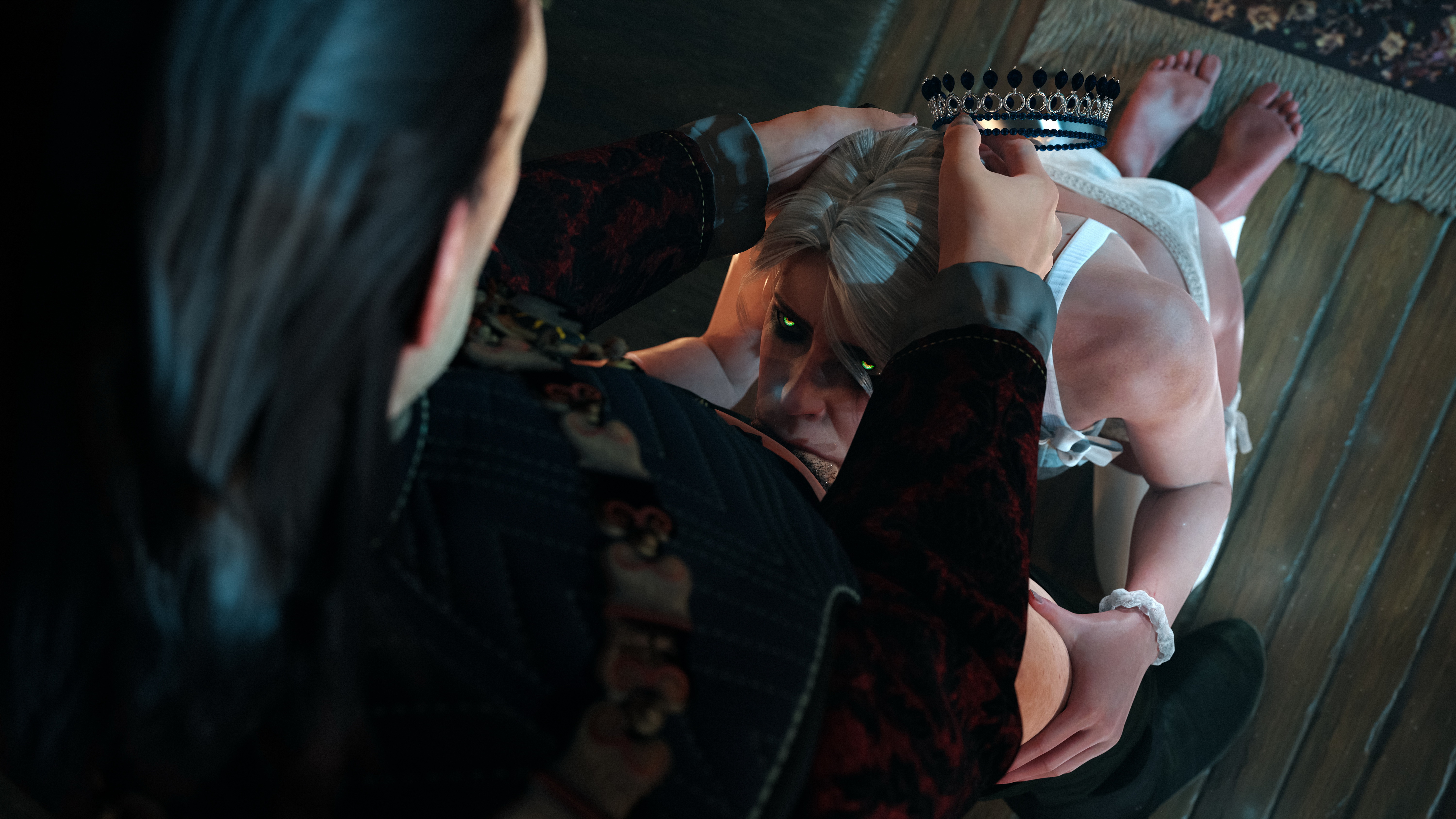 3d, ass, astex, bed, bedroom, blowjob, ciri, crown, deepthroat, dubious consent, emhyr var emreis, father and daughter, fellatio, female, green eyes, head grab, incest, incest (lore), light skin, light-skinned female, light-skinned male, male, mascara, mascara tears, older male, panties, penis, scar, stockings, sucking penis, the witcher (series), the witcher 3: wild hunt, underwear, white hair