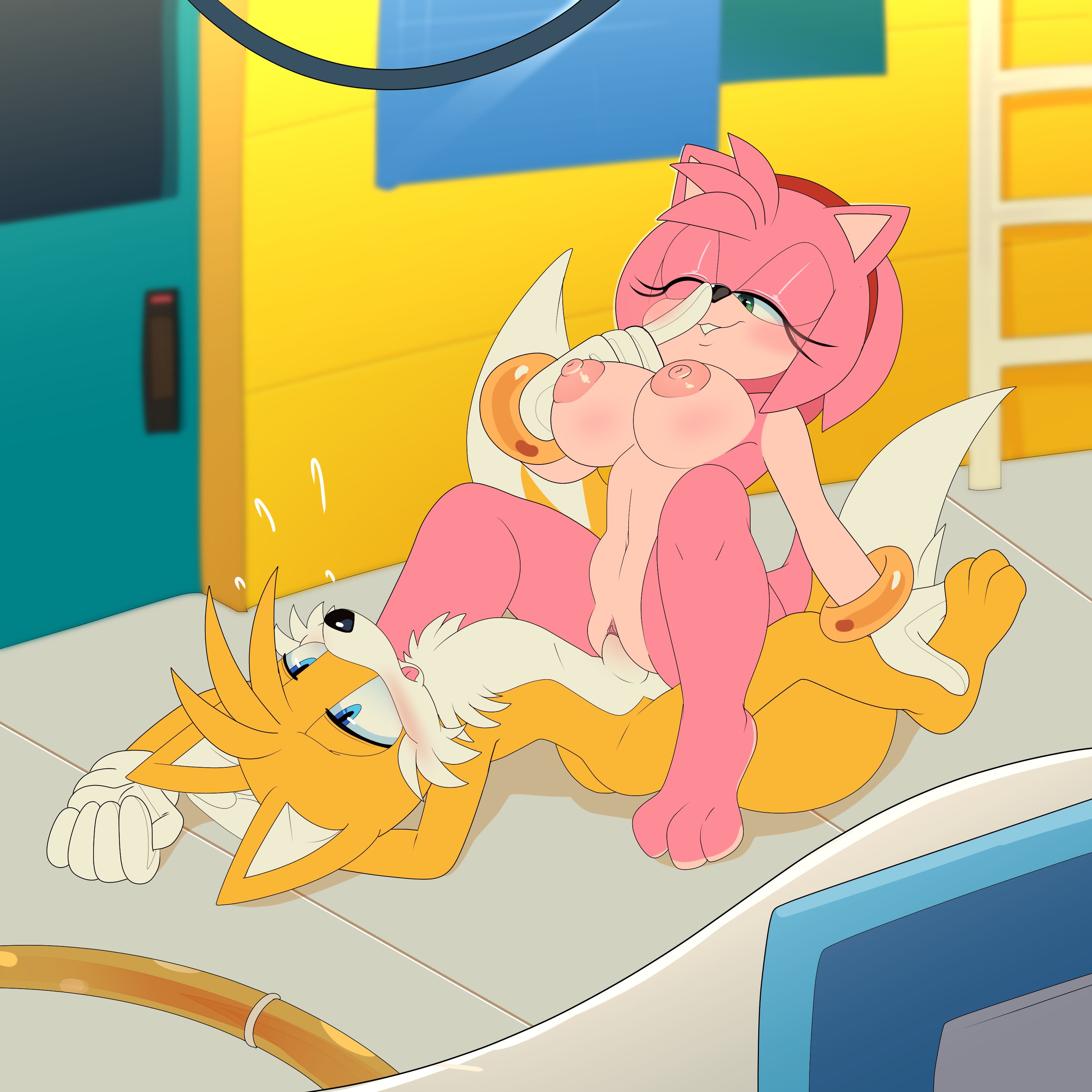 1boy, 1girls, amy rose, anthro, anthro on anthro, apinkgrape, bedroom, blush, blushing male, breasts, cowgirl position, dominant female, female, female on top, femdom, large breasts, male, malesub, penis, pink fur, pussy, riding, riding penis, smaller male, sonic (series), sonic the hedgehog (series), submissive male, tails, tails the fox, vaginal penetration, yellow fur, younger male