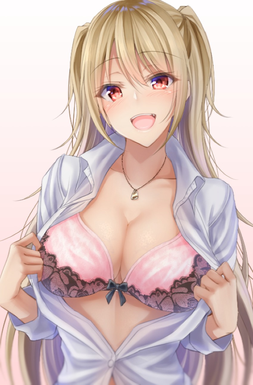 :d blonde_hair bow bow_bra bra breasts cleavage collarbone collared_shirt commentary_request dark-skinned_female dark_skin female gradient_background gyaru highres jewelry long_hair looking_at_viewer navel open_clothes open_mouth open_shirt original pendant pink_bra red_eyes shirt simple_background smile solo stomach tongue two_side_up underwear upper_body very_long_hair white_shirt zeroamu