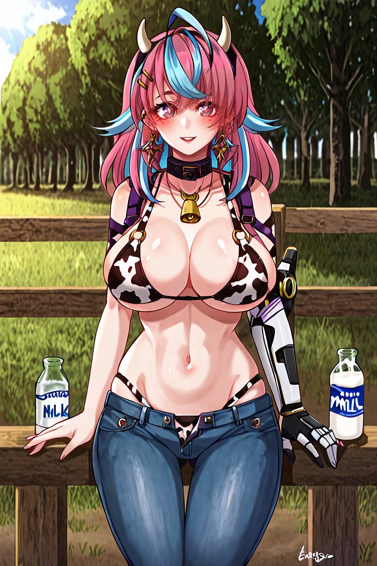 1girls ai_generated big_breasts bikini breasts cow_bikini emikukis latam_virtual_youtuber milk multicolored_hair public tagme thighs virtual_youtuber vtuber