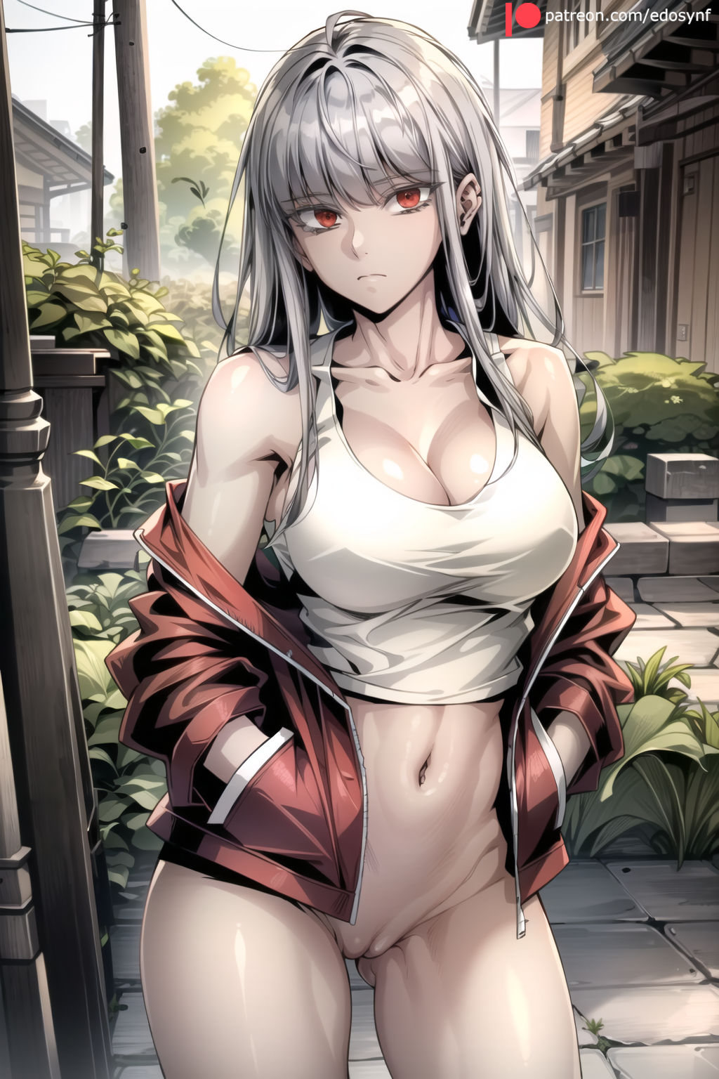 ai_generated ass_visible_through_thighs bangs bare_shoulders blunt_bangs bottomless breasts building cleavage closed_mouth collarbone cowboy_shot crop_top day edosynf female grey_hair hands_in_pockets hero_killer highres ihwa jacket large_breasts long_hair long_sleeves looking_at_viewer navel off_shoulder open_clothes open_jacket outdoors pavement pussy red_eyes red_jacket road self_upload sidelocks solo standing stomach tank_top thighs uncensored white_tank_top