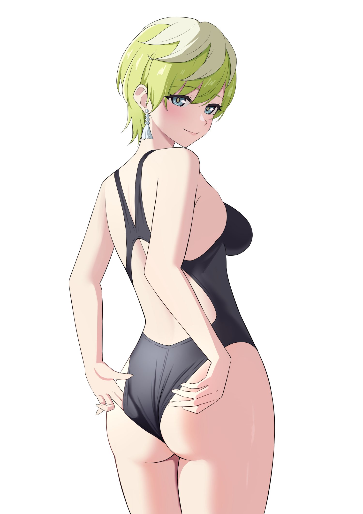 1girls, ass, blonde hair, blue eyes, breasts, earring, female, green hair, izumo tenka, looking at viewer, looking back, mato seihei no slave, medium breasts, one-piece swimsuit, short hair, single earring, smile, very short hair
