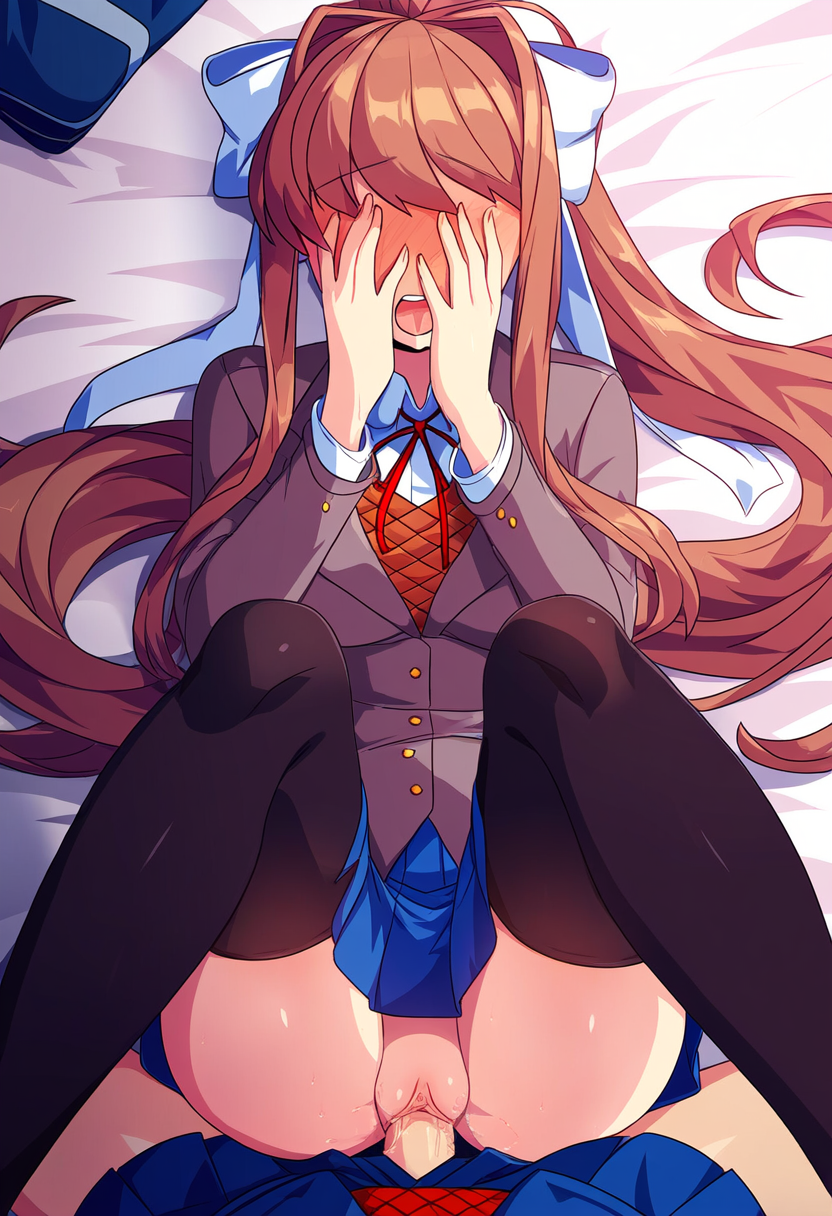 ai generated, bed, black thighhighs, blazer, blue skirt, blush, brown hair, covering face, doki doki literature club, female, hair ribbon, long hair, lying, mc (doki doki literature club!), missionary position, moaning, monika (doki doki literature club), nai diffusion, overwhelming pleasure, ponytail, pov, pussy, school uniform, sex, skirt, straight, thick thighs, thighhighs, vaginal penetration