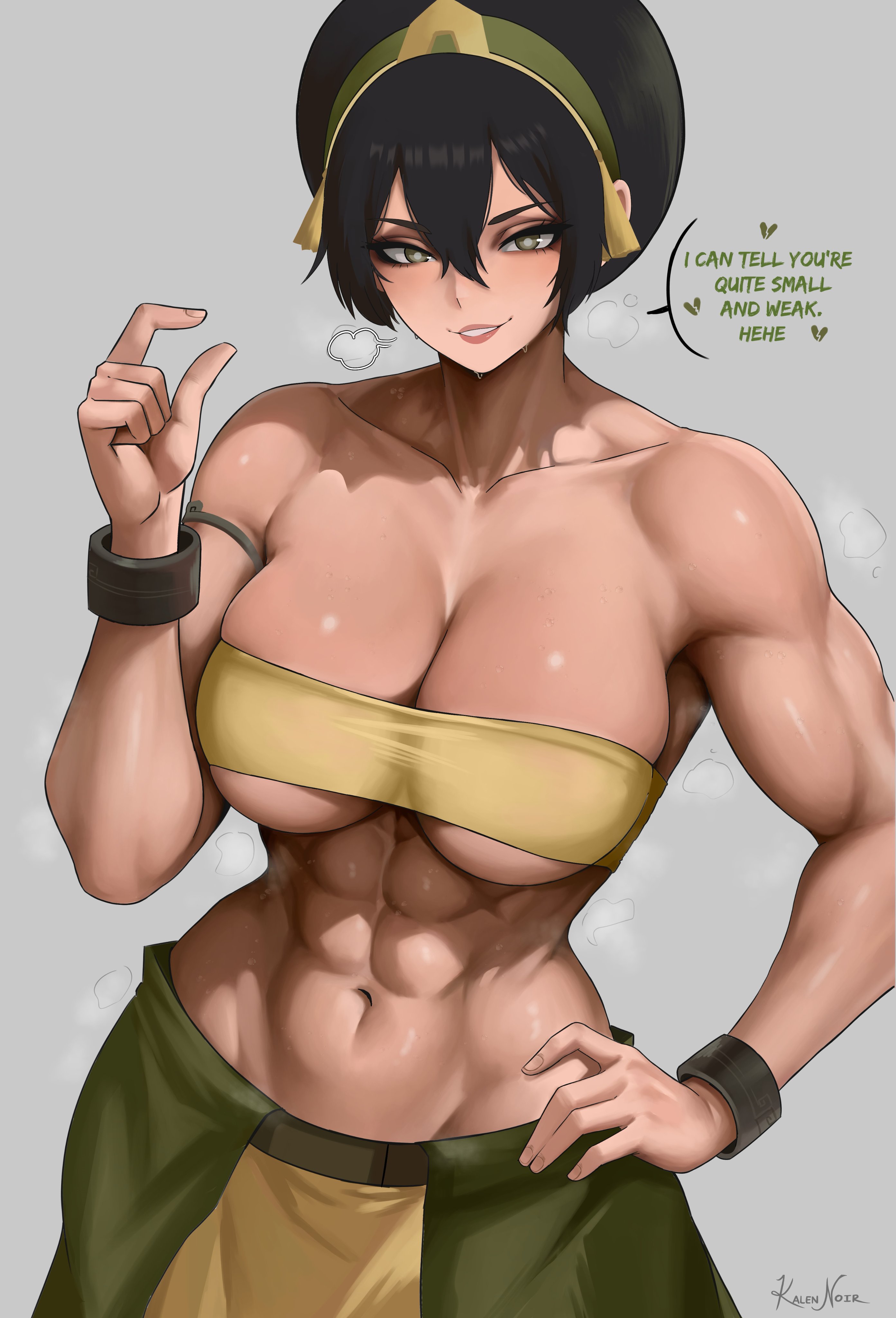 1girls, abs, absurdres, armlet, artist name, avatar legends, avatar the last airbender, avatar: aang the last airbender, bandeau, belt, black hair, blind, bracelet, breasts, cleavage, commentary, female, female only, green hairband, grey eyes, hair bun, hairband, hand on own hip, heavy breathing, highres, insult, jewelry, kalennoir, large breasts, looking at viewer, midriff, muscular, muscular female, navel, short hair, single hair bun, small penis humiliation, smile, solo, speech bubble, steaming body, sweat, the legend of aang, toph bei fong, tunic