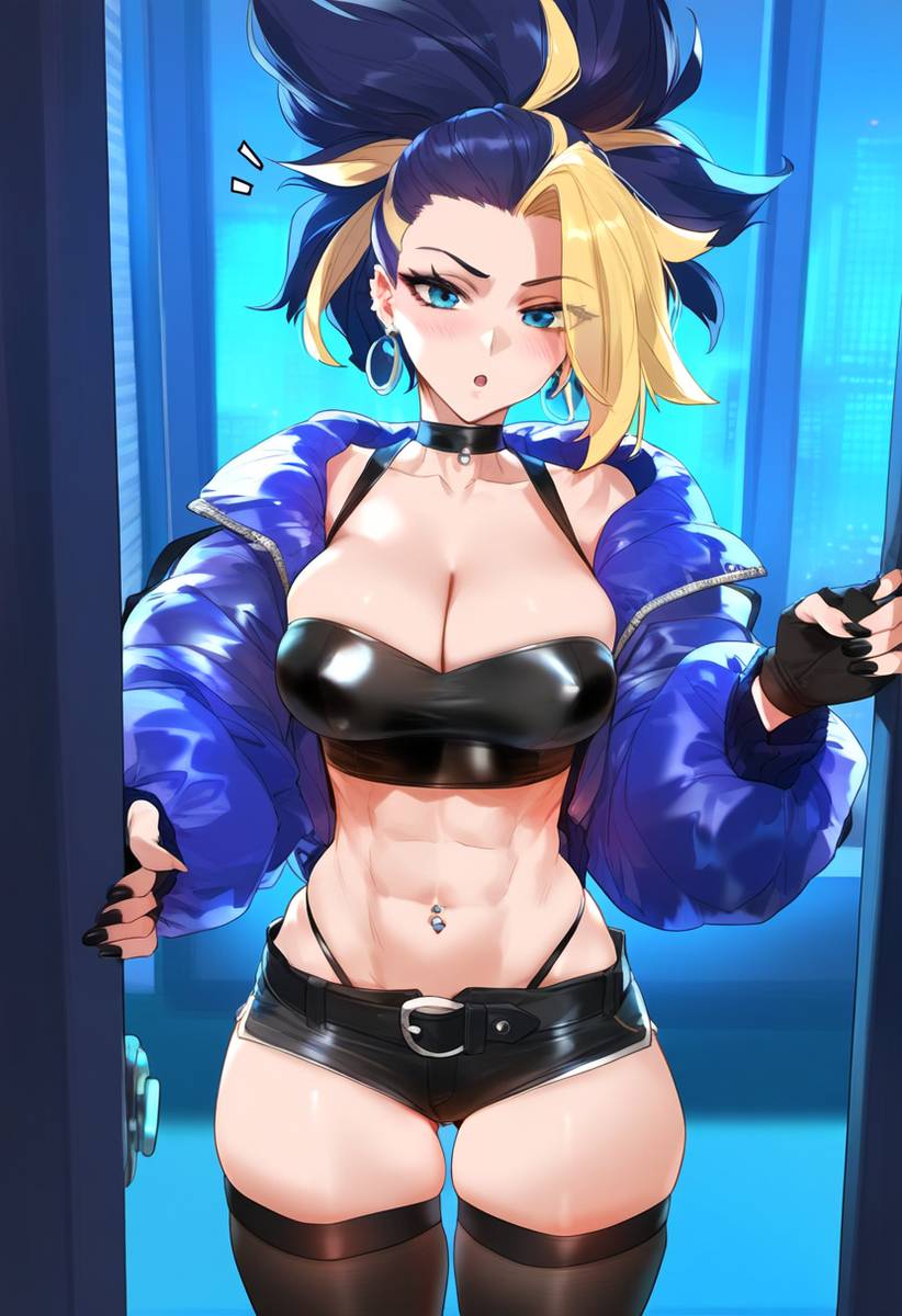 1girls abs ai_generated akali big_breasts blue_eyes clothed clothing color female female_focus female_only fit_female hi_res k/da_akali k/da_all_out_akali k/da_all_out_series k/da_series laino_airt large_breasts league_of_legends light-skinned_female light_skin long_hair multicolored_hair muscles muscular muscular_female solo solo_female tagme thick_thighs