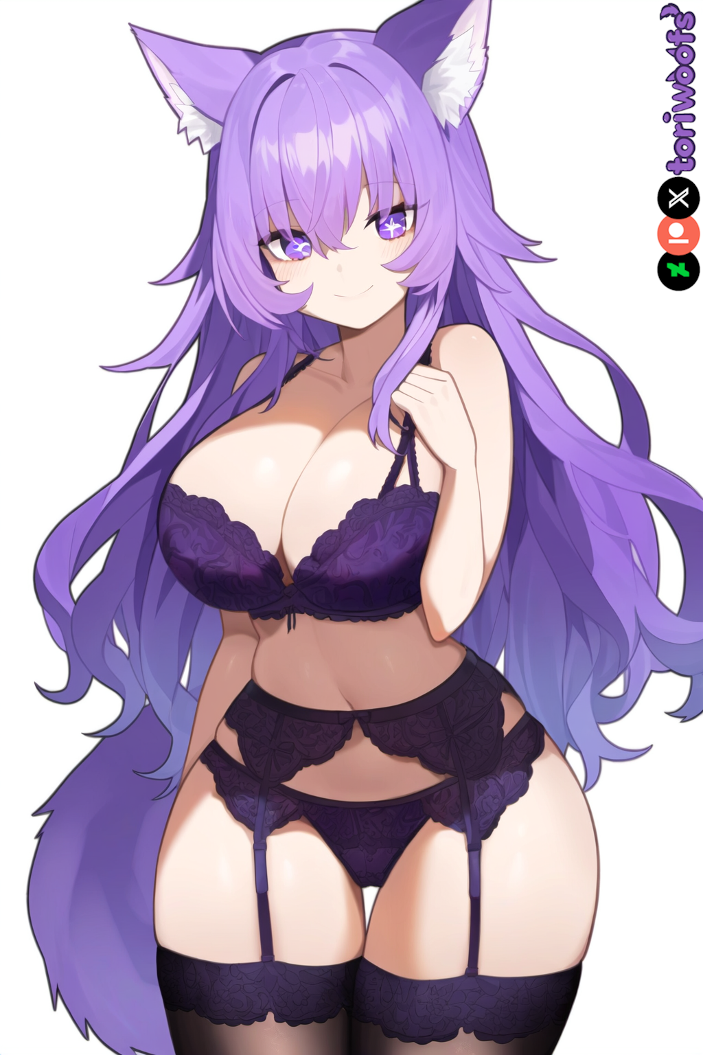 1girls ai_generated big_breasts breasts curvy cute dog_ears dog_girl doggirl female female_only highres hips huge_boobs huge_breasts kemonomimi light_skin light_skinned_female lingerie long_hair looking_at_viewer patreon_username petgirl purple_ears purple_eyes purple_hair purple_tail standing thick_thighs thighhighs thighs tori toriwoofs watermark wavy_hair wide_hips wolf_ears