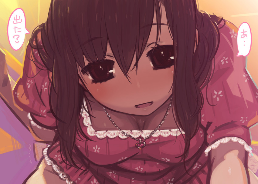 blush breasts brown_hair cleavage commentary_request downblouse female from_above jewelry kaqo looking_at_viewer medium_breasts no_panties open_mouth original ousama_game pendant solo translated wavy_hair