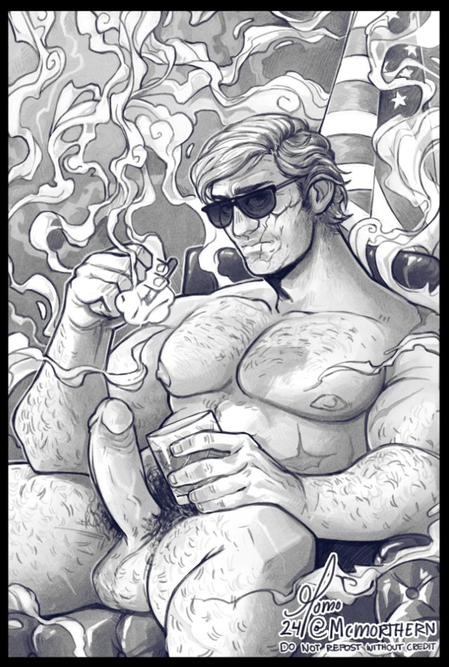 alcohol bara bara_tiddies bara_tits barazoku body_hair bushy_pubes call_of_duty call_of_duty_black_ops_cold_war cigar dilf erection fully_naked fully_nude fully_retracted_foreskin greyscale hairy hairy_arms hairy_chest hairy_legs hairy_male looking_at_viewer male male_focus male_only mature mature_body mature_male mcmorthern monochrome older older_male pinup pubes pubic_hair russell_adler scar_on_face scarred scarred_face scars_all_over smoking_cigar solo_male sunglasses sunglasses_on_head tasteful tasteful_nudity