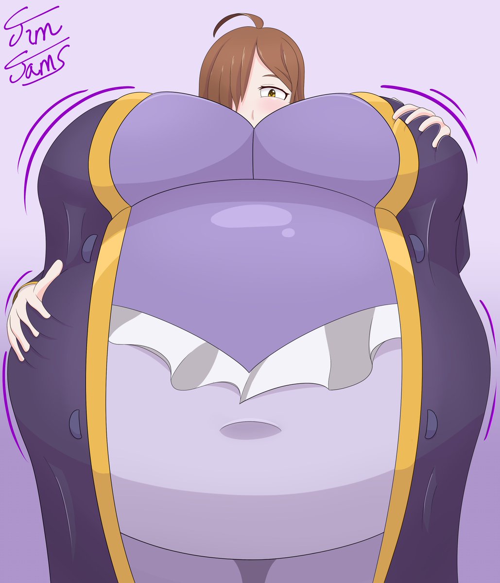 1girl, 1girls, 2d, 2d (artwork), 2d artwork, artist name, artist signature, belly, belly button, belly expansion, belly grab, belly inflation, belly overhang, blush, body inflation, breast expansion, breast grab, breasts, breasts bigger than head, brown hair, covered eyes, digital art, digital drawing, digital drawing (artwork), digital media (artwork), female, female focus, female only, fetish, gigantic belly, gigantic breasts, huge belly, huge breasts, hyper belly, hyper breasts, inflated belly, inflated boobs, inflated breasts, inflation, inflation fetish, jim jams, kono subarashii sekai ni shukufuku wo!, konosuba, light blush, light-skinned female, long coat, purple clothes, purple clothing, purple coat, ready to pop, sex, sexy, sexy body, signature, signature artist name, solo, white skin, wiz (konosuba), yellow eyes, yellow stripes