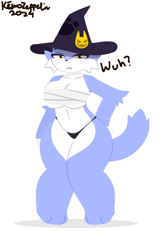 ? anthro anthro_only barefoot barely_clothed belly belly_button breasts cat_ears cat_tail female_only furry halloween halloween_costume hat holidays ink kemozeppelin oc original original_character original_characters panties paws thong toilet_paper underwear witch witch_hat