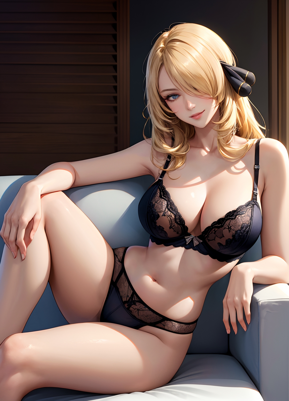 1girls, 2d, ai generated, athletic, athletic female, bare shoulders, belly, big breasts, blonde, blonde female, blonde hair, bra, breasts, breasts bigger than head, chest, creatures (company), curvy, cynthia (pokemon), detailed, eyelashes, eyeshadow, female, female only, fit, fit female, focus, game freak, grey eyes, high quality, huge breasts, indoors, large breasts, leaning, legs, light skin, light-skinned female, lingerie, lips, lipstick, looking at viewer, makeup, mascara, mature, mature female, medium breasts, midriff, naked, navel, nintendo, nude, nude female, pale skin, pale-skinned female, panties, pokemon, pokemon dppt, posing, seductive, seductive look, sitting, solo, spread legs, stable diffusion, thighs, yellow hair