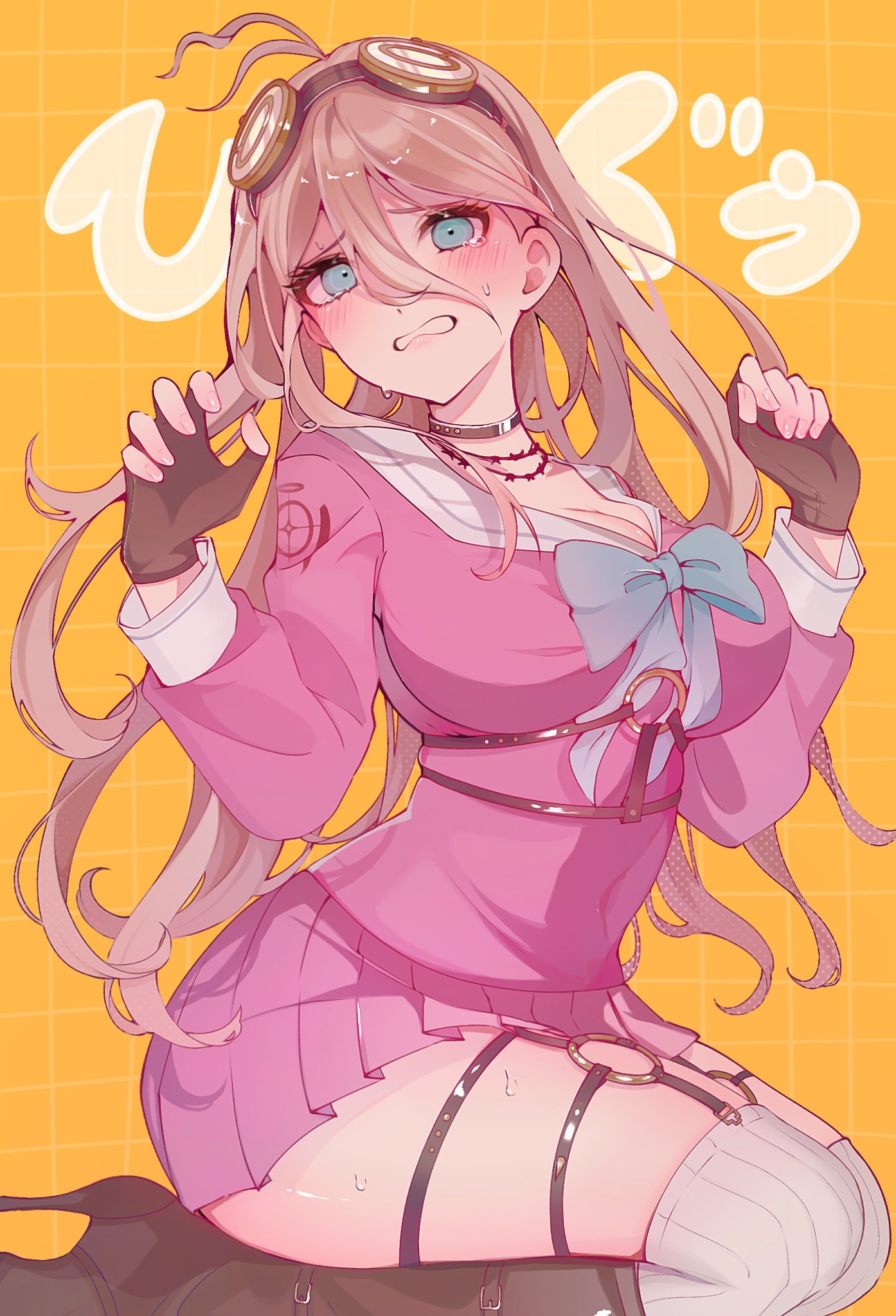 ass, big breasts, black boots, blonde hair, blush, bondage gear, boots, breasts, cleavage, danganronpa, danganronpa v3, fat ass, female, female only, fully clothed, high heel boots, high heels, huge breasts, iruma miu, nervous, seifuku, sfw, sitting, solo, sweat, teal eyes, tears, thick thighs