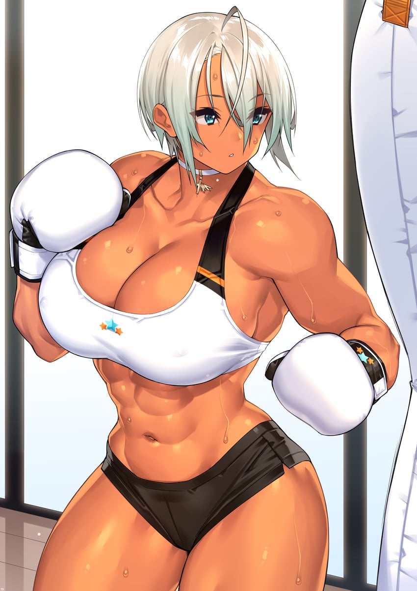 1girls 2018 abs biceps big_breasts boxing boxing_gloves bra breasts cameltoe cleavage dark-skinned_female dark_skin female female_only gloves hips huge_breasts looking_at_viewer muscles muscular muscular_female navel original punch punching_bag sela_(sela_god) sela_god short_hair solo sports_bra sweat thick_thighs thighs white_boxing_gloves white_gloves