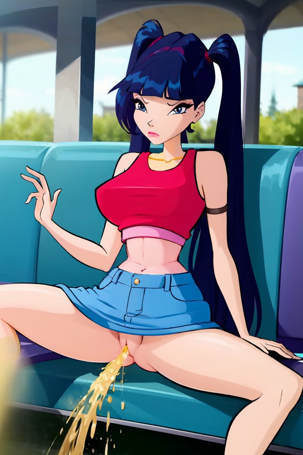 4kids_entertainment ai_generated crop_top frown going_commando miniskirt musa_(winx_club) nickelodeon no_panties peeing public public_transportation public_urination rainbow_(animation_studio) spread_legs winx_club