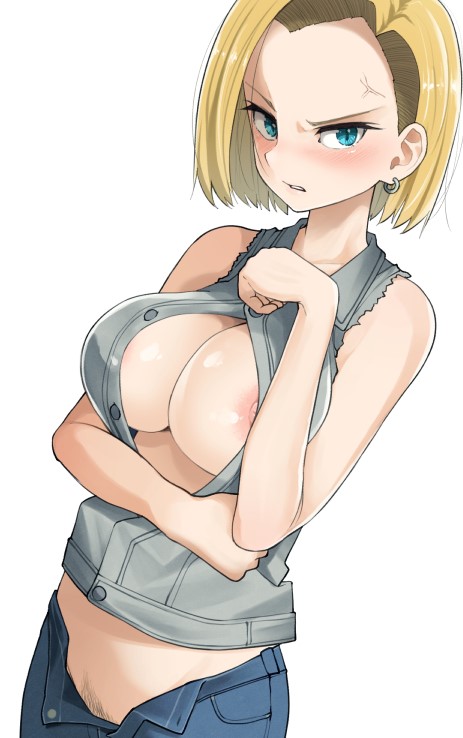 1girls android_18 angry areola_slip areolae big_breasts blonde_hair blue_eyes blush boob_window breasts cleavage dragon_ball dragon_ball_z female nipple_slip nipples pants_down pubes pubic_hair reona_(mesuinupoke) solo solo_female