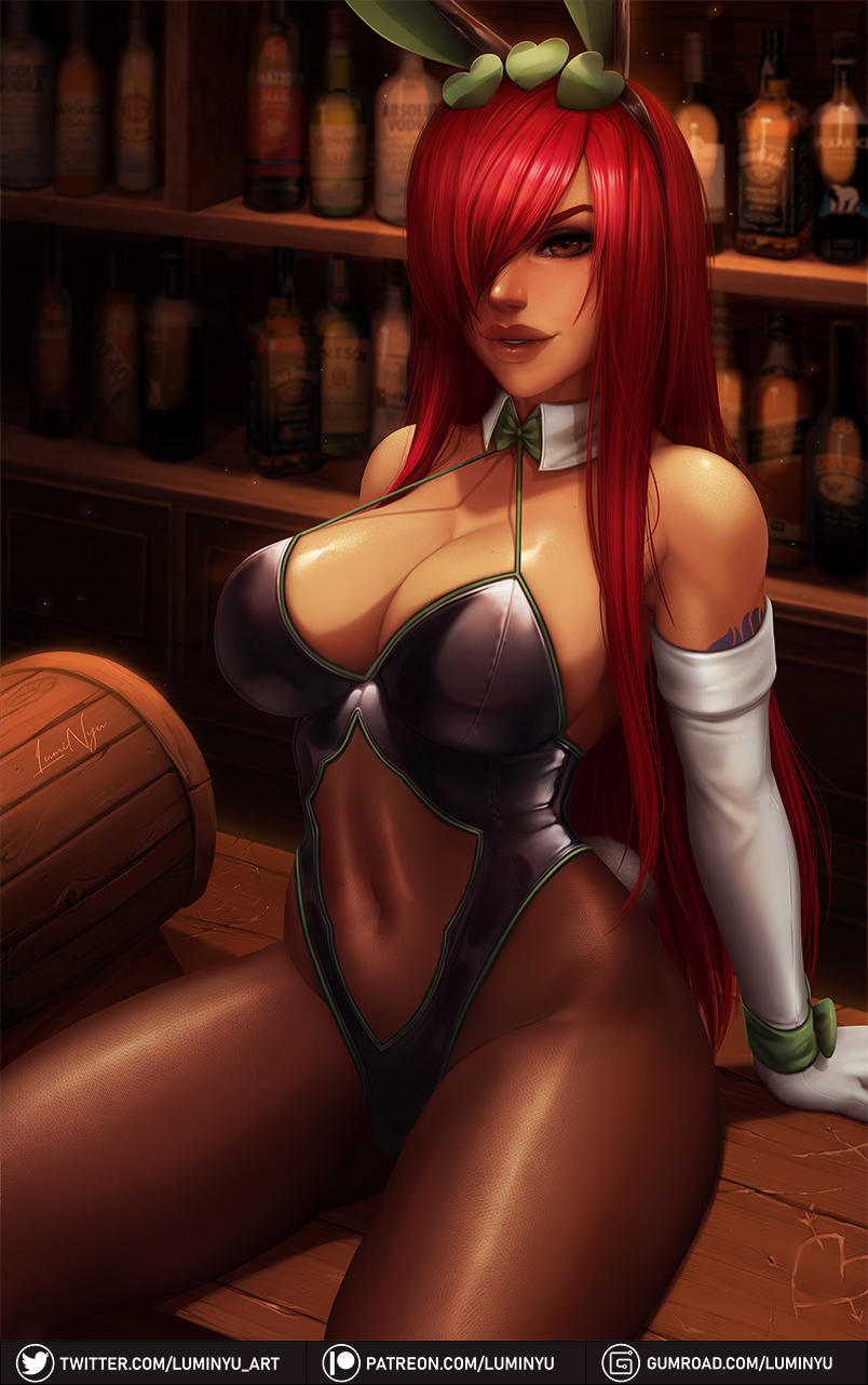 1girls, abs, arm tattoo, ass, big ass, big breasts, big butt, blue tattoo, bodysuit, breasts, bunny ear, bunny ears, bunny girl, bunny tail, bunnysuit, cleavage, erza scarlet, fairy tail, fairy tail mark, female, female focus, female only, hair, hair over one eye, hips, large breasts, long hair, looking at viewer, luminyu, navel, pinup, rabbit ears, rabbit humanoid, rabbit tail, red hair, red-haired female, redhead, ribbon, sitting, smile, solo, solo female, solo focus, tagme, tattoo, thick thighs, thighs, very long hair, white skin, wood