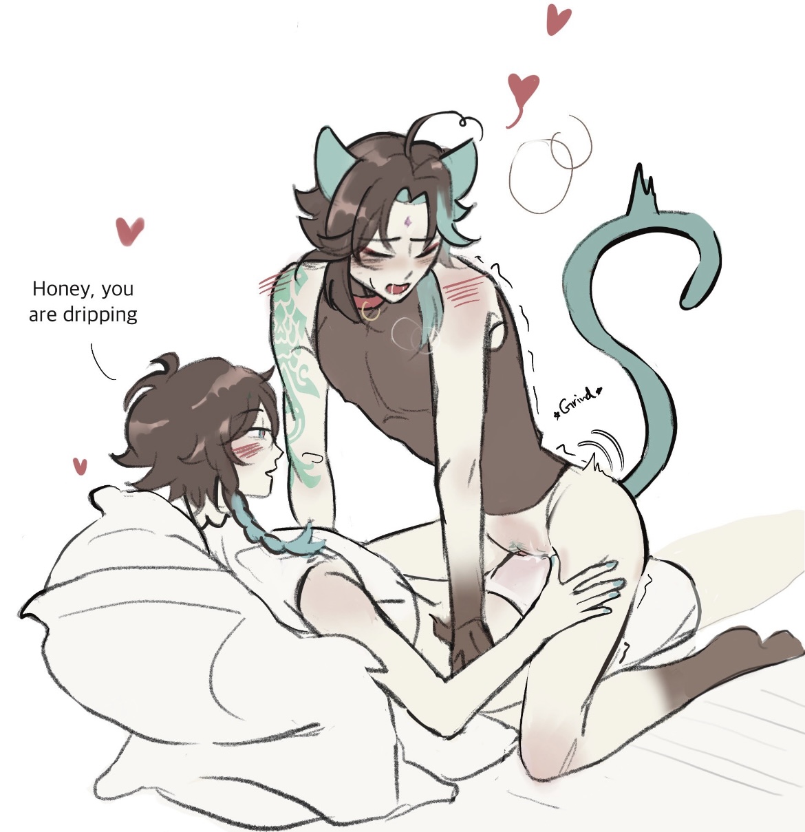 blush, bulge, bulge through clothing, cat boy, cat ears, cat tail, catboy, cuntboy, genshin impact, gentle, grinding, grinding through clothes, intersex, male, venti (genshin impact), xiao (genshin impact)