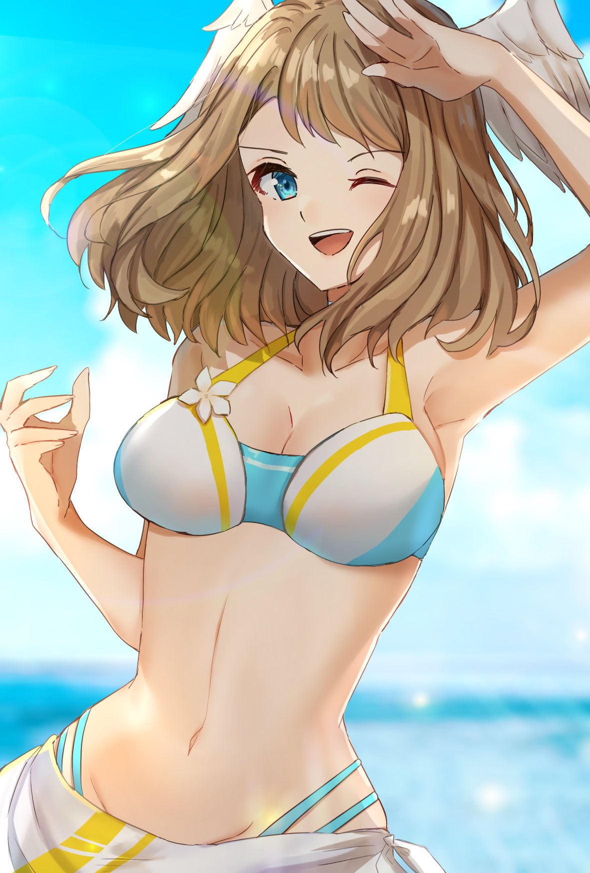 1girls beach big_breasts bikini blue_eyes breast_tattoo brown_hair cleavage edamameoka eunie_(xenoblade) head_wings high_res light-skinned_female light_skin long_hair looking_at_viewer medium_hair nintendo ocean one_eye_closed open_clothes smile swimsuit tattoo water white_wings wings xenoblade_(series) xenoblade_chronicles_3